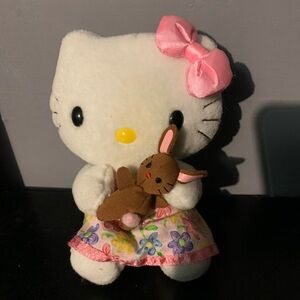 VTG Nakajima Hello Kitty 6" Easter Plush Pink Floral Dress W/Brown Bunny Sanrio